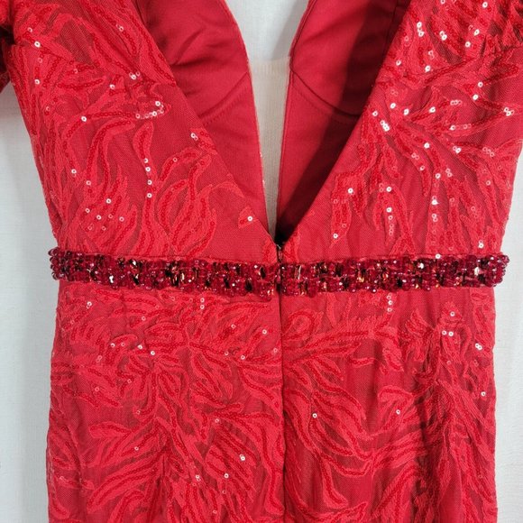 NEW MAC DUGGAL EMBELLISHED PUFF SLEEVE PLUNGED NECK TRUMPET LACE RED 12421 - Picture 6 of 9